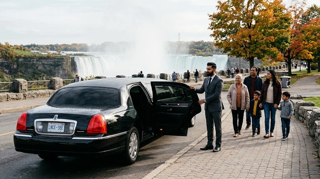 Black Lincoln stretch vehicle for niagara falls limo service brampton parked along the scenic Niagara Parkway overlooking the falls.
